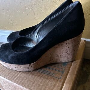 Stuart Weitzman Black Peep-Toe Wedges